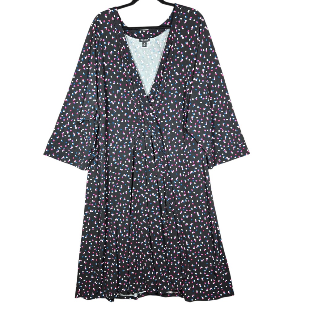Torrid Dress 5X Black Polka Dot Faux Wrap Midi Stretch Jersey Flutter Sleeve